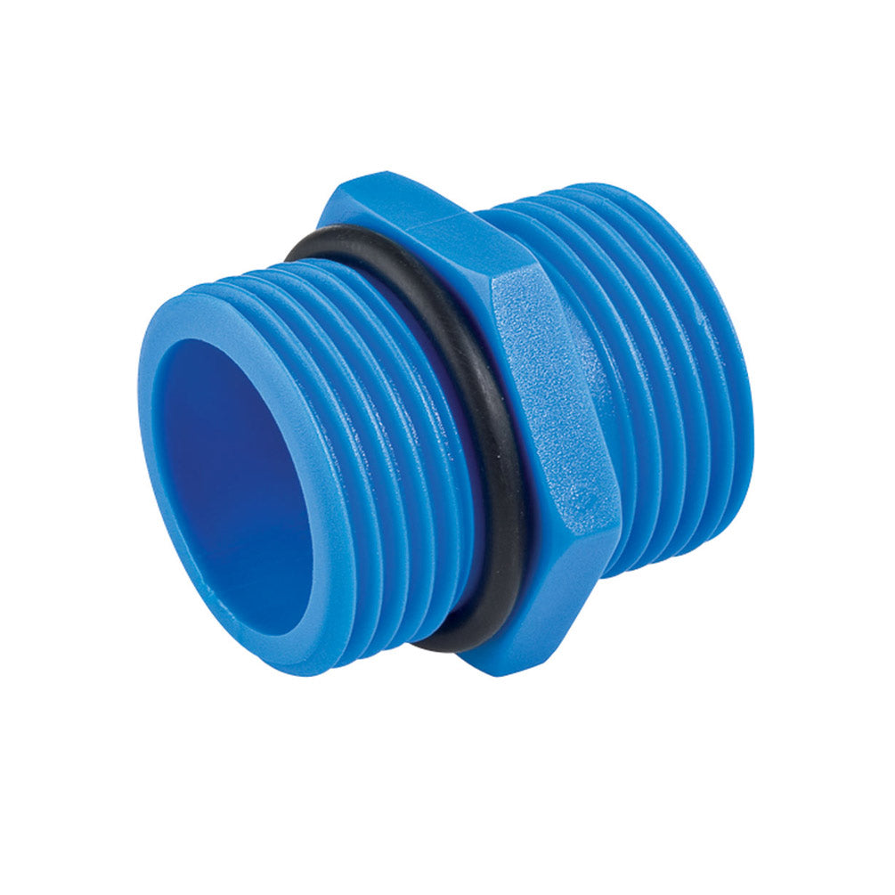 Mamelon double DN 1/2 pouce PP bleu, hexagonal, filetage extérieur 1/2 pouce